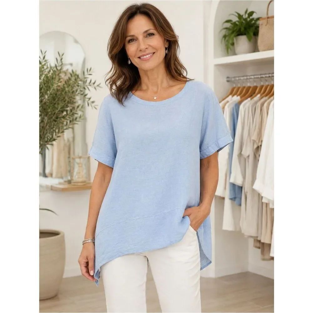 Lord & Taylor Linen Light Blue Relaxed Fit Short Sleeve Top Size XL
